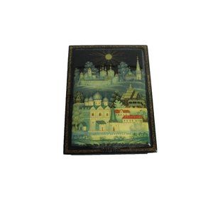 SAC*Lacquered Trinket Box European City View Gold Accent Hinged Lid Red Interior